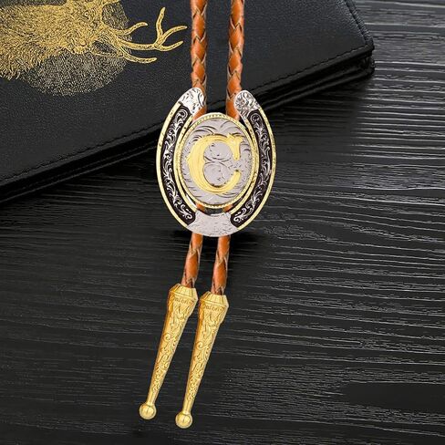 Bolo tie for Men Western Cowboy Brown Leather Necktie Gold Initial Letter ABCDJMR to Z Bolo ties for Women in Kuwait
