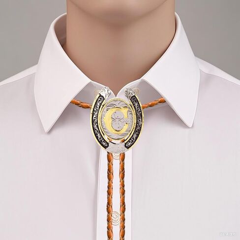 Bolo tie for Men Western Cowboy Brown Leather Necktie Gold Initial Letter ABCDJMR to Z Bolo ties for Women in Kuwait