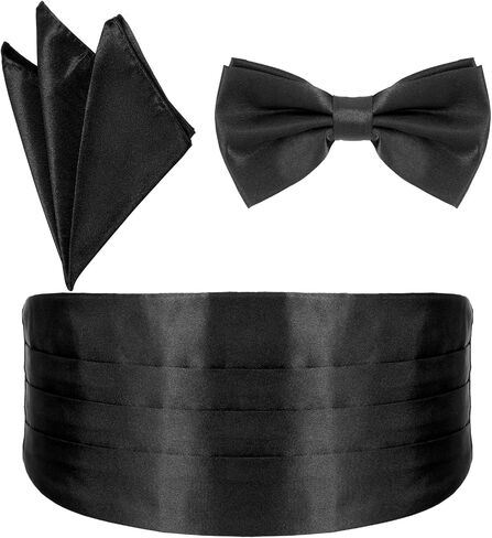 مجموعة ربطة القوس للرجال ، سهرة سوداء سوداء قابلة للتعديل cummerbund ، ربطة عنق ، ومنديل الجيب لحفلات الزفاف والأحداث الرسمية in Kuwait