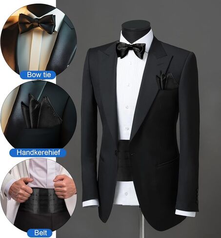 مجموعة ربطة القوس للرجال ، سهرة سوداء سوداء قابلة للتعديل cummerbund ، ربطة عنق ، ومنديل الجيب لحفلات الزفاف والأحداث الرسمية in Kuwait