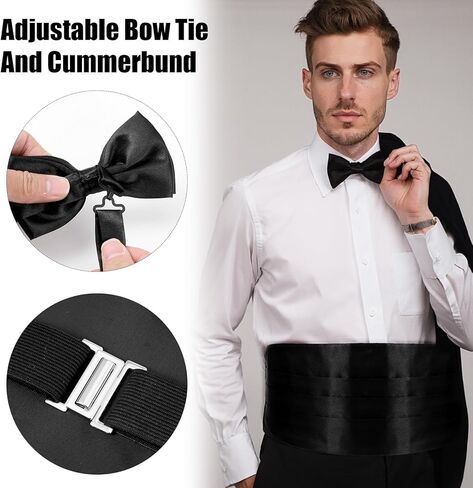 مجموعة ربطة القوس للرجال ، سهرة سوداء سوداء قابلة للتعديل cummerbund ، ربطة عنق ، ومنديل الجيب لحفلات الزفاف والأحداث الرسمية in Kuwait