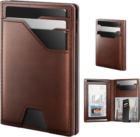 Typecase Leather Wallet for Men حامل بطاقة: الجلود الأصلية المتميزة ، حظر RFID ، نحيف ، الحد الأدنى ، الجيب الأمامي - 15 بطاقات | نافذة معرف | مقطع المال (بني) in Kuwait