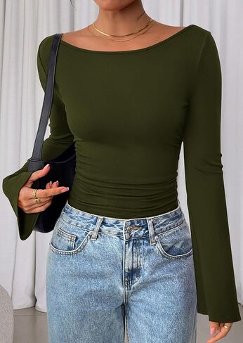 PRETTYGARDEN Women's Long Sleeve Shirts 2025 Fall Crop Going Out Tops Casual Boat Neck Bell Sleeve Ribbed Ruched Y2K Clothes in Saudi Arabia