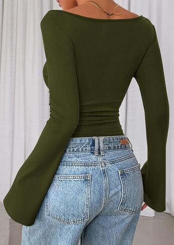 PRETTYGARDEN Women's Long Sleeve Shirts 2025 Fall Crop Going Out Tops Casual Boat Neck Bell Sleeve Ribbed Ruched Y2K Clothes in Saudi Arabia