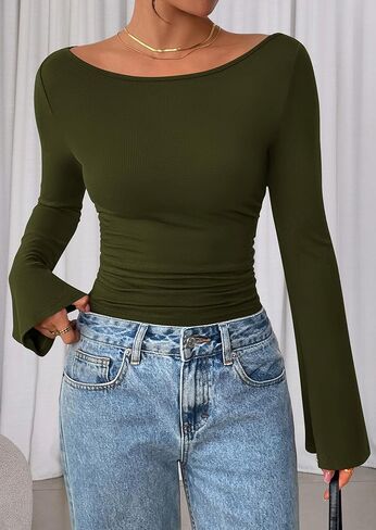 PRETTYGARDEN Women's Long Sleeve Shirts 2025 Fall Crop Going Out Tops Casual Boat Neck Bell Sleeve Ribbed Ruched Y2K Clothes in Saudi Arabia