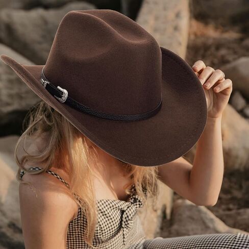 Western Cowboy Hat for Men Women Classic Fedora Hat with Buckle Belt (Size:M-L) in Saudi Arabia