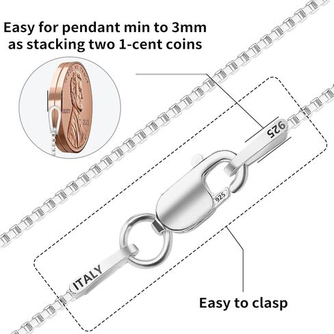 Ashine 925 Sterling Silver Box Stain Necklace for Women ، 1mm 0.8 مم سلاسل إيطالية ، قلادة متين وقلادة قوية مع قطعة قماش تلميع الفضة متوفرة في 16-36 بوصة in Kuwait