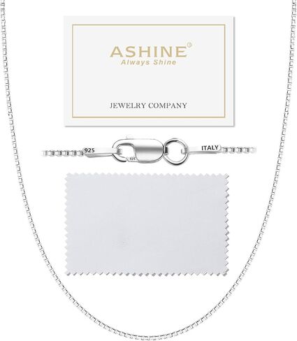 Ashine 925 Sterling Silver Box Stain Necklace for Women ، 1mm 0.8 مم سلاسل إيطالية ، قلادة متين وقلادة قوية مع قطعة قماش تلميع الفضة متوفرة في 16-36 بوصة in Kuwait