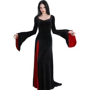 QRT Morticia Addams Costume, Women Velvet Maxi Dress,Vintage Gothic Witch Long Dress Halloween Family Cosplay Cocktail Party in Saudi Arabia
