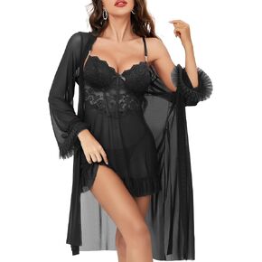 مجموعة الملابس الداخلية مثير للنساء ، 3 قطع Babydoll مع شبكة Kimono Robe & Lace Banty ، الدانتيل Teddy Chemise Nightwear in Kuwait