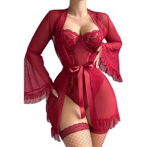 Avidlove Women Sexy Lingerie Set 2 Piece Sheer Kimono Robe with Lace Teddy Lingerie Bodysuit in Saudi Arabia