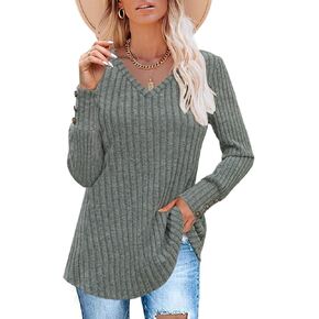 Zattcas Womens Dressy Pullover V Neck Sweaters Fall Clothes 2025 Curved Hem Puff Long Sleeve Shirts Loose Fit Tunic Tops in Kuwait
