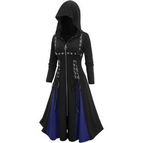 ROSE GAL Rosegal Womens Plus Size Gothic Zipper Lace Up PU Leather Stripe Grommets Two Tone Godet Hem Midi Long Hooded Coat in Kuwait