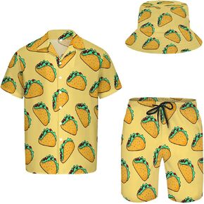 Men's Button Shirt Beach Shorts Set, Hawaiian Short Sleeve Shirt Quick Dry Beach Shorts 2 Pcs with Bucket Hat in Saudi Arabia