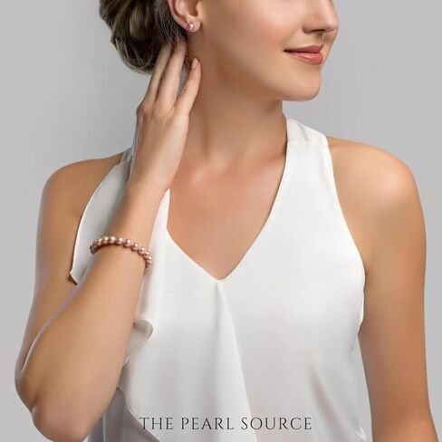 The Pearl Source 14K Gold 7.0-7.5mm AAA Quality Round Pink Freshwater Cultured Pearl Bracelet for Women in Saudi Arabia