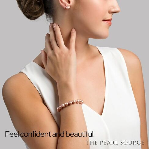 The Pearl Source 14K Gold 7.0-7.5mm AAA Quality Round Pink Freshwater Cultured Pearl Bracelet for Women in Saudi Arabia