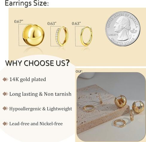أقراط ملكة My Small Gold Hoop مجموعة للنساء Hypoallergenic 14K Gold Ball Huggie Hoops Mooops لمزيد من الهدايا المليئة بالخفيف الخفيف للوزن الخفيف الوزن in Kuwait