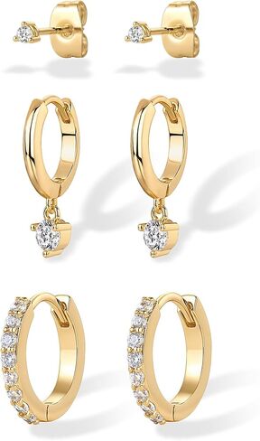 Pavoi 18K Gold Placed Silver Silver Posts ثلاثة أزواج بيان أقراط للنساء - حزمة قرطات الزركونيا الذهب المكعب - مجموعة مجوهرات الأذن الأمامية in Kuwait