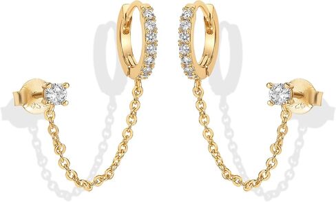 PAVOI 14K Gold Chain Earrings for Women | Double Piercing Dangle Chain Huggie Hoop Earrings | Cubic Zirconia Pearl Stud Ear Cuff Earrings for Women in Kuwait