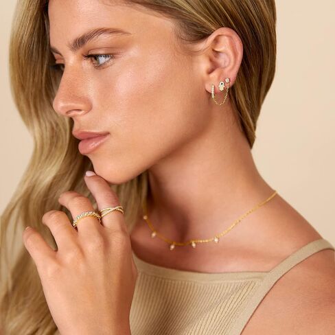 PAVOI 14K Gold Chain Earrings for Women | Double Piercing Dangle Chain Huggie Hoop Earrings | Cubic Zirconia Pearl Stud Ear Cuff Earrings for Women in Kuwait