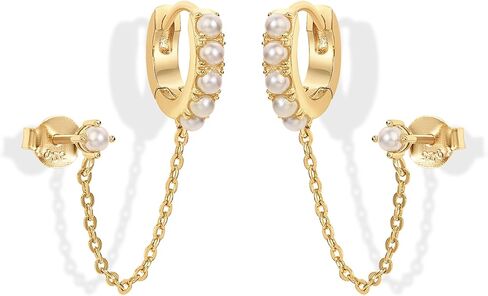 PAVOI 14K Gold Chain Earrings for Women | Double Piercing Dangle Chain Huggie Hoop Earrings | Cubic Zirconia Pearl Stud Ear Cuff Earrings for Women in Kuwait