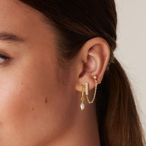 PAVOI 14K Gold Chain Earrings for Women | Double Piercing Dangle Chain Huggie Hoop Earrings | Cubic Zirconia Pearl Stud Ear Cuff Earrings for Women in Kuwait