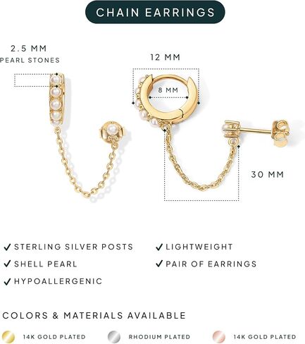 PAVOI 14K Gold Chain Earrings for Women | Double Piercing Dangle Chain Huggie Hoop Earrings | Cubic Zirconia Pearl Stud Ear Cuff Earrings for Women in Kuwait
