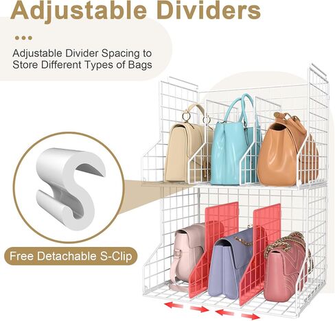 Purse Storage Organizer for Closet : Adjustable 2-Pack Dividers Handbag Organizer - Stackable Wire Handbags Storage Baskets -Open Cabinets Wallets Tote Chain Bags Clutches -White in Saudi Arabia