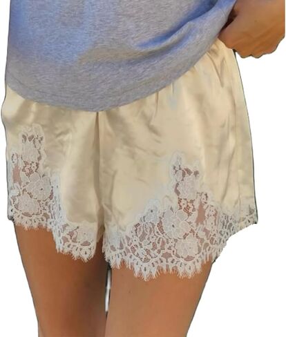 Women Satin Silk Lace Trim Shorts Lace Floral Patchwork Silky Slip Shorts Comfy Pajamas Bottoms Satin Pettipants in Saudi Arabia