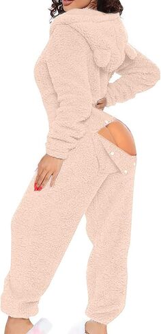 Butt Flap Onesie Pjs for Adults Womens Fleece Hooded One Piece Pajamas V Neck Fluffy Jumpsuit for Women in Kuwait