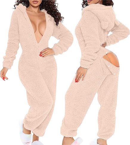 Butt Flap Onesie Pjs for Adults Womens Fleece Hooded One Piece Pajamas V Neck Fluffy Jumpsuit for Women in Kuwait