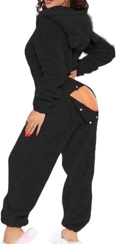 Butt Flap Onesie Pjs for Adults Womens Fleece Hooded One Piece Pajamas V Neck Fluffy Jumpsuit for Women in Kuwait