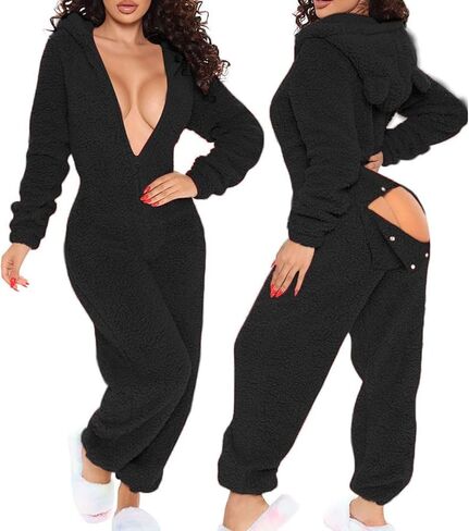 Butt Flap Onesie Pjs for Adults Womens Fleece Hooded One Piece Pajamas V Neck Fluffy Jumpsuit for Women in Kuwait