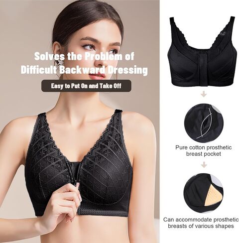 Front Closure Mastectomy Bra-Zip Post-Surgery Bra with Pocket for Breast Prosthesis -Everyday Surgical Bras for Women in Kuwait