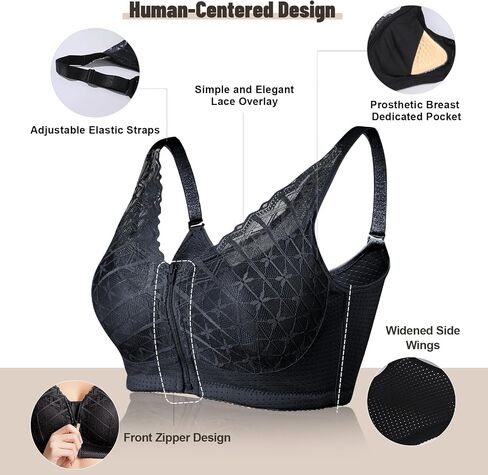 Front Closure Mastectomy Bra-Zip Post-Surgery Bra with Pocket for Breast Prosthesis -Everyday Surgical Bras for Women in Kuwait