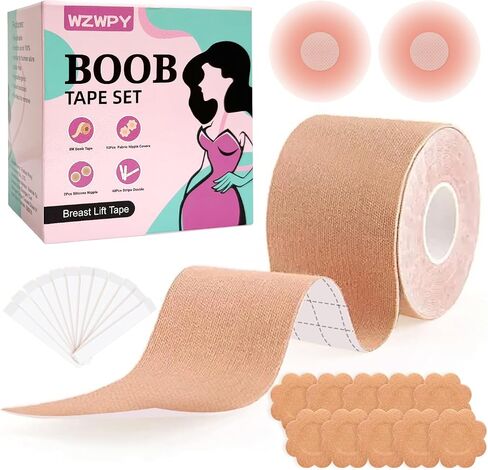 Boob Tape Kit for Women - 8M (26.3ft) Waterproof & Sweatproof Breast Lift Tape + 2 Reusable Silicone Nipple Covers - Ultimate Support for Strapless Dresses Beige in Saudi Arabia