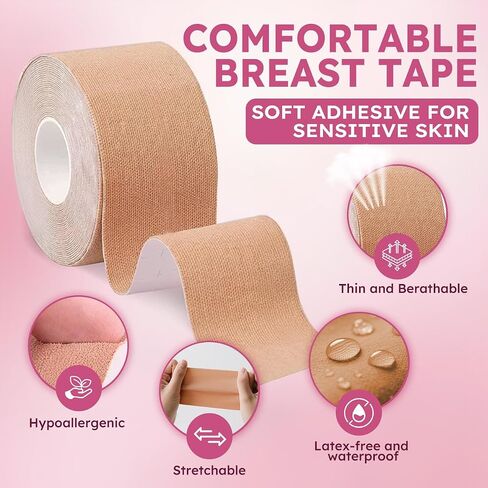 Boob Tape Kit for Women - 8M (26.3ft) Waterproof & Sweatproof Breast Lift Tape + 2 Reusable Silicone Nipple Covers - Ultimate Support for Strapless Dresses Beige in Saudi Arabia