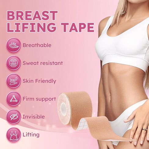 Boob Tape Kit for Women - 8M (26.3ft) Waterproof & Sweatproof Breast Lift Tape + 2 Reusable Silicone Nipple Covers - Ultimate Support for Strapless Dresses Beige in Saudi Arabia