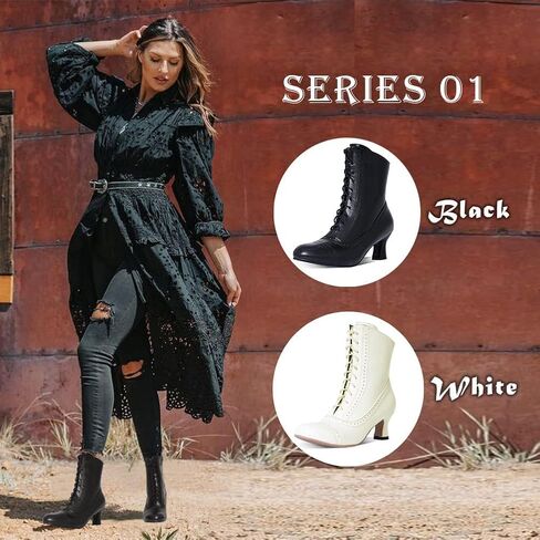 Victorian Boots For Women Vintage Renaissance Witch Shoes | Victorian lace-up boots with a low heel and vintage style, perfect for witch,Renaissance, costumes, and daily wear in Saudi Arabia