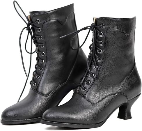 Victorian Boots For Women Vintage Renaissance Witch Shoes | Victorian lace-up boots with a low heel and vintage style, perfect for witch,Renaissance, costumes, and daily wear in Saudi Arabia