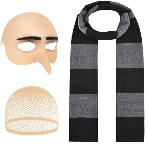 3Pcs Halloween Costume for Adult, 2025 Bald Cap for Men Halloween Black Gray Striped Scarf and Mesh Wig Cap,Cosplay Classic Characters Party Set in Saudi Arabia