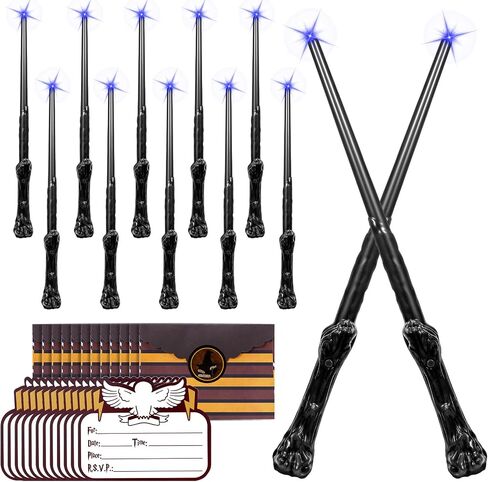 Light Up Wizard Magic Wands - 12PCS Illuminating Sound Witch Toy Wand Set with 12 Invitation Cards & Envelopes - for Kids Party Birthday Gifts, Mixed in Saudi Arabia