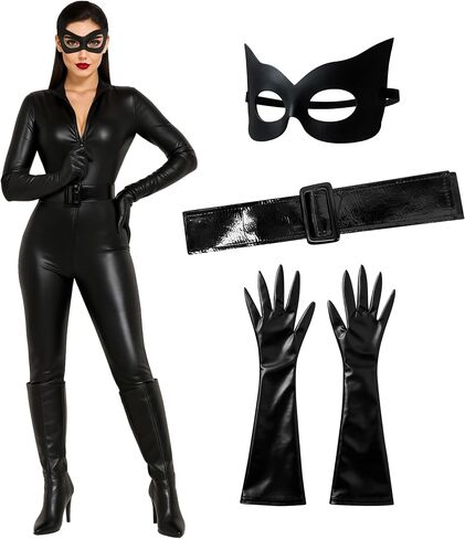 Morph Black Catsuit for Women Leather Jumpsuit Womens البالغات البالغة بدلة قطة أسود هالوين in Saudi Arabia