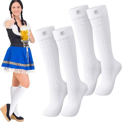 2 Pairs Oktoberfest Socks with Edelweiss Pin White Lederhosen Knitted Socks for Men Women German Traditional in Kuwait