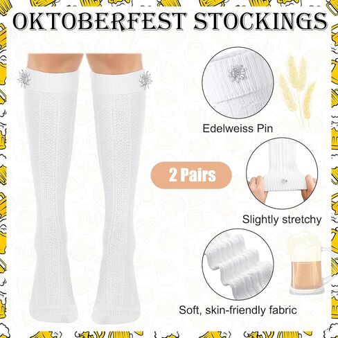 2 Pairs Oktoberfest Socks with Edelweiss Pin White Lederhosen Knitted Socks for Men Women German Traditional in Kuwait