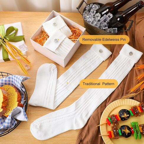2 Pairs Oktoberfest Socks with Edelweiss Pin White Lederhosen Knitted Socks for Men Women German Traditional in Kuwait
