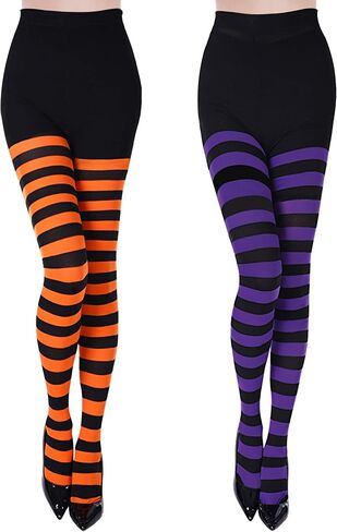 SATINIOR 2 Pcs Halloween Witch Tights for Women Striped Stockings Witch Striped Leggings Footed Pantyhose for Women Girls Halloween Costume Party Dress up(Orange and Black, Purple and Black,Stripe) in Saudi Arabia