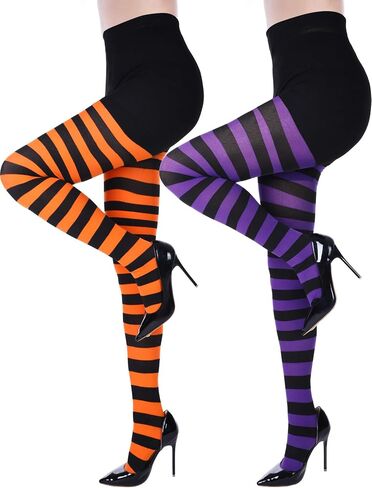 SATINIOR 2 Pcs Halloween Witch Tights for Women Striped Stockings Witch Striped Leggings Footed Pantyhose for Women Girls Halloween Costume Party Dress up(Orange and Black, Purple and Black,Stripe) in Saudi Arabia