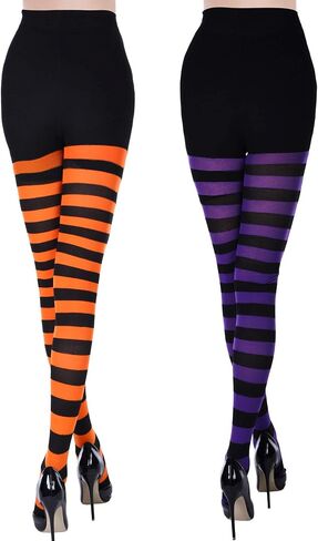 SATINIOR 2 Pcs Halloween Witch Tights for Women Striped Stockings Witch Striped Leggings Footed Pantyhose for Women Girls Halloween Costume Party Dress up(Orange and Black, Purple and Black,Stripe) in Saudi Arabia