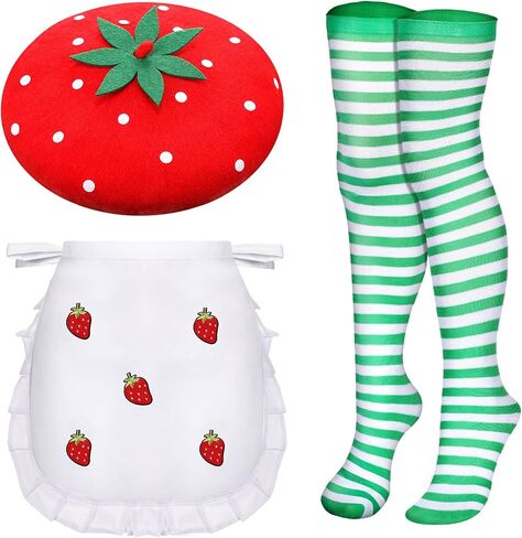 Coume 4 Pcs Halloween Strawberry Cake Costume Beret Hat Maid Cosplay Apron Women Striped Socks Group Team Game Night Party in Saudi Arabia